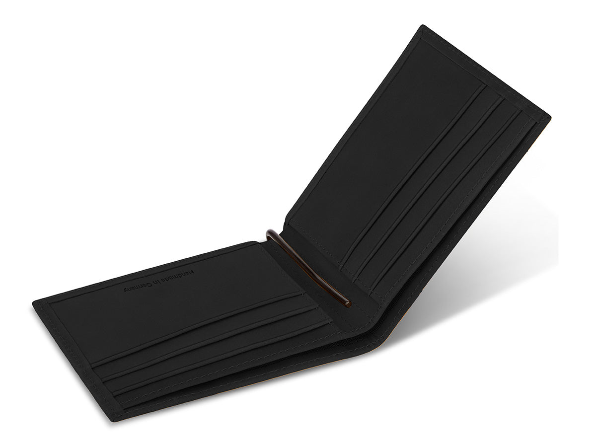 Geldbörse mit Geldklammer aus Nubukleder schwarz, Edelstahlklammer und 6 Kartenfächern