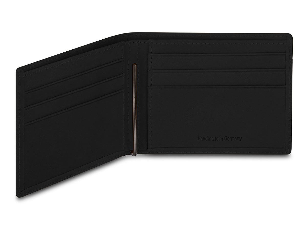 Glänzende Edelstahlklammer in schwarzer Geldbörse aus Nubukleder nero